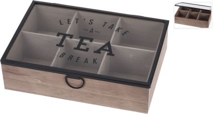 Krabička na čaj 6 sekcí sklo/dřevo 24,5x17 cm
