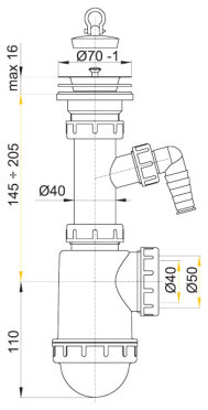 Sifon dřezu DN50/40 s nerezovou mřižkou 70mm a přípojkou A441P
