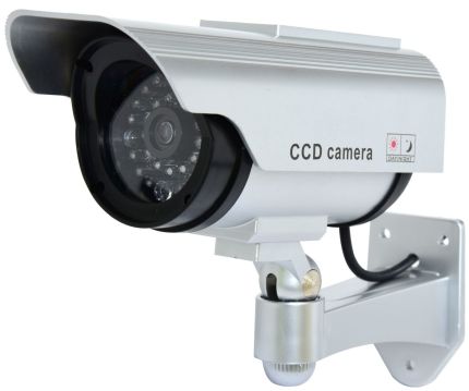 Kamera falešná LED 13,5x6,5x6,5 cm, červeně blikající LED dioda, stříbrná, plast